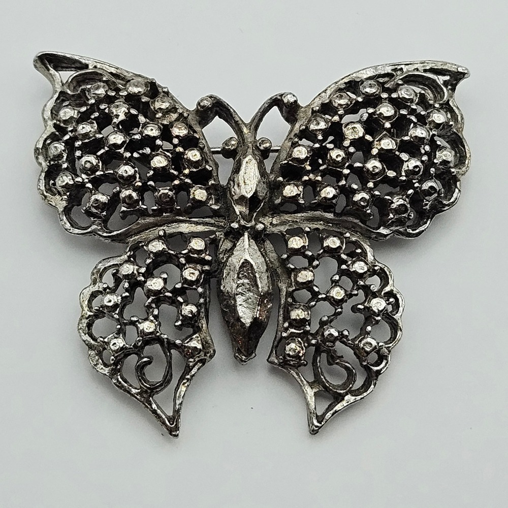 Vintage Silver Tone Butterfly Brooch Openwork‎ Textured Pin 2 Inch